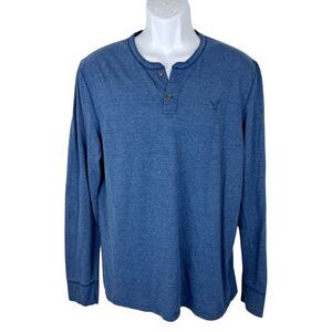 American Eagle Men Large Blue Henley Long Sleeve Shirt Athletic Fit AE Legend